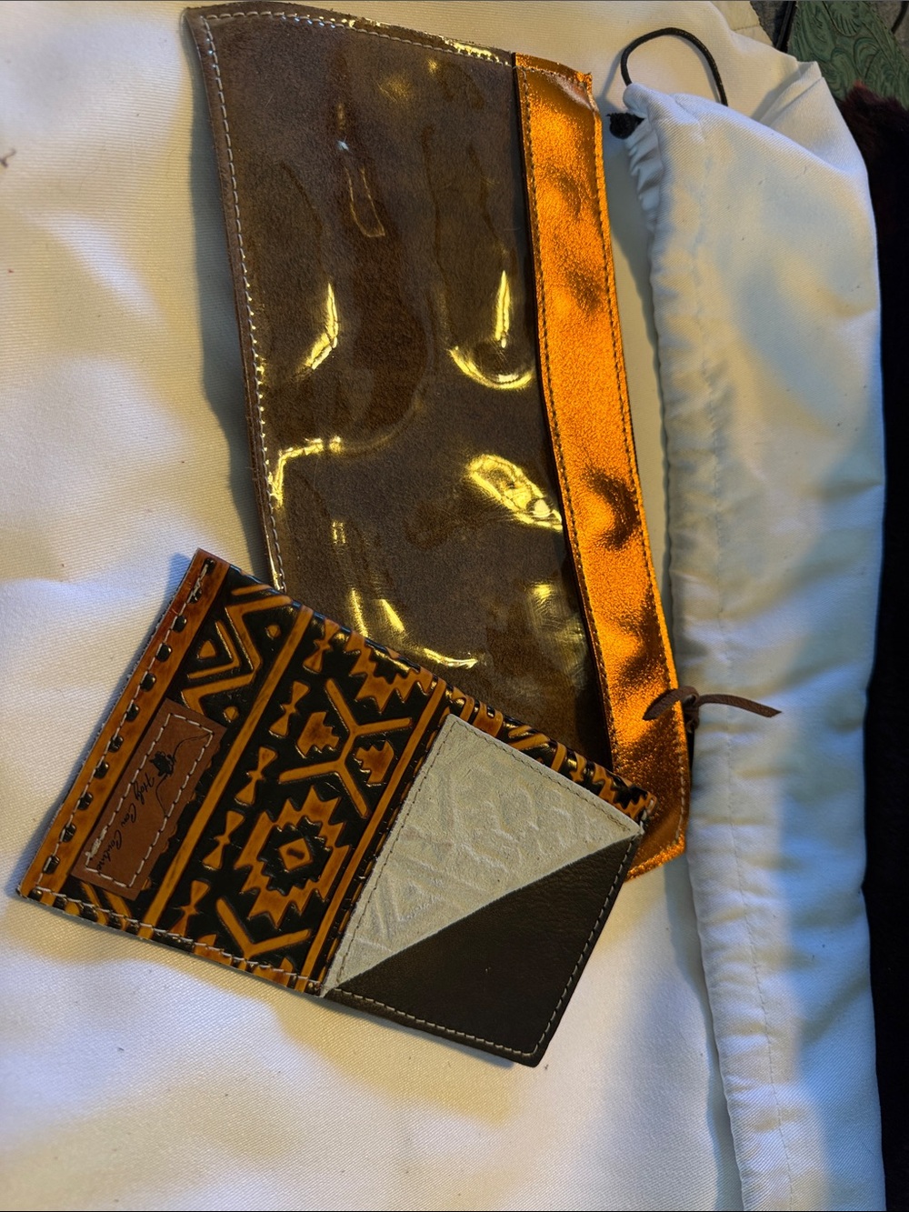 Holy Cow Couture Patterned Leather Card Wallet in Brown & Orange